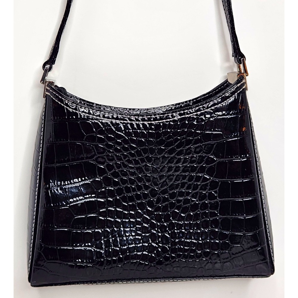 Liz Claiborne Black Patent Croc Embossed Shoulder Bag Zip Lined Pockets Silver